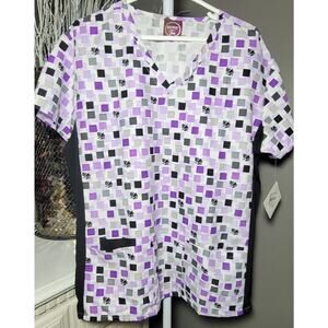 Devine Geometric Grid Scrub Top Purple Checkered Nurse Shirt Medical Sz 2XL
